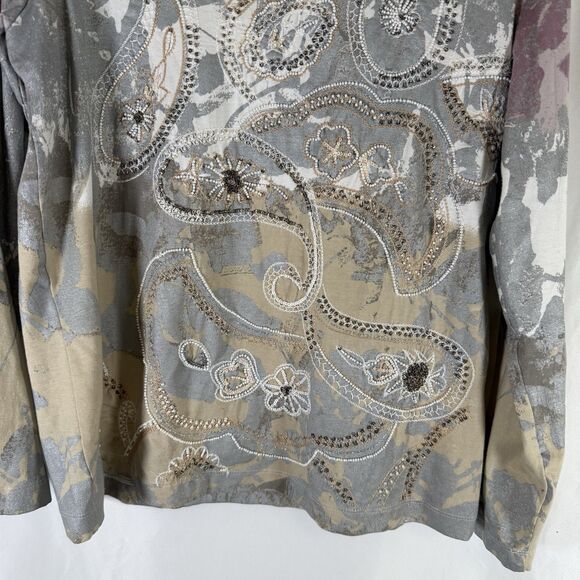 Chico's Blouse Women's Large Pink Purple Floral Beaded Round Neck Cotton Blend - Picture 5 of 12